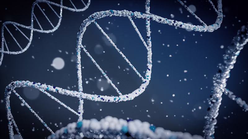 Illustration of DNA double helices against a dark blue background.