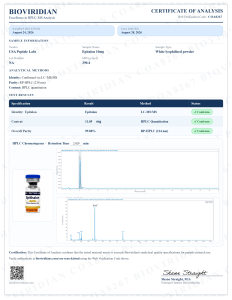 Certificate of Analysis associated with Epithalon (Epitalon) research material