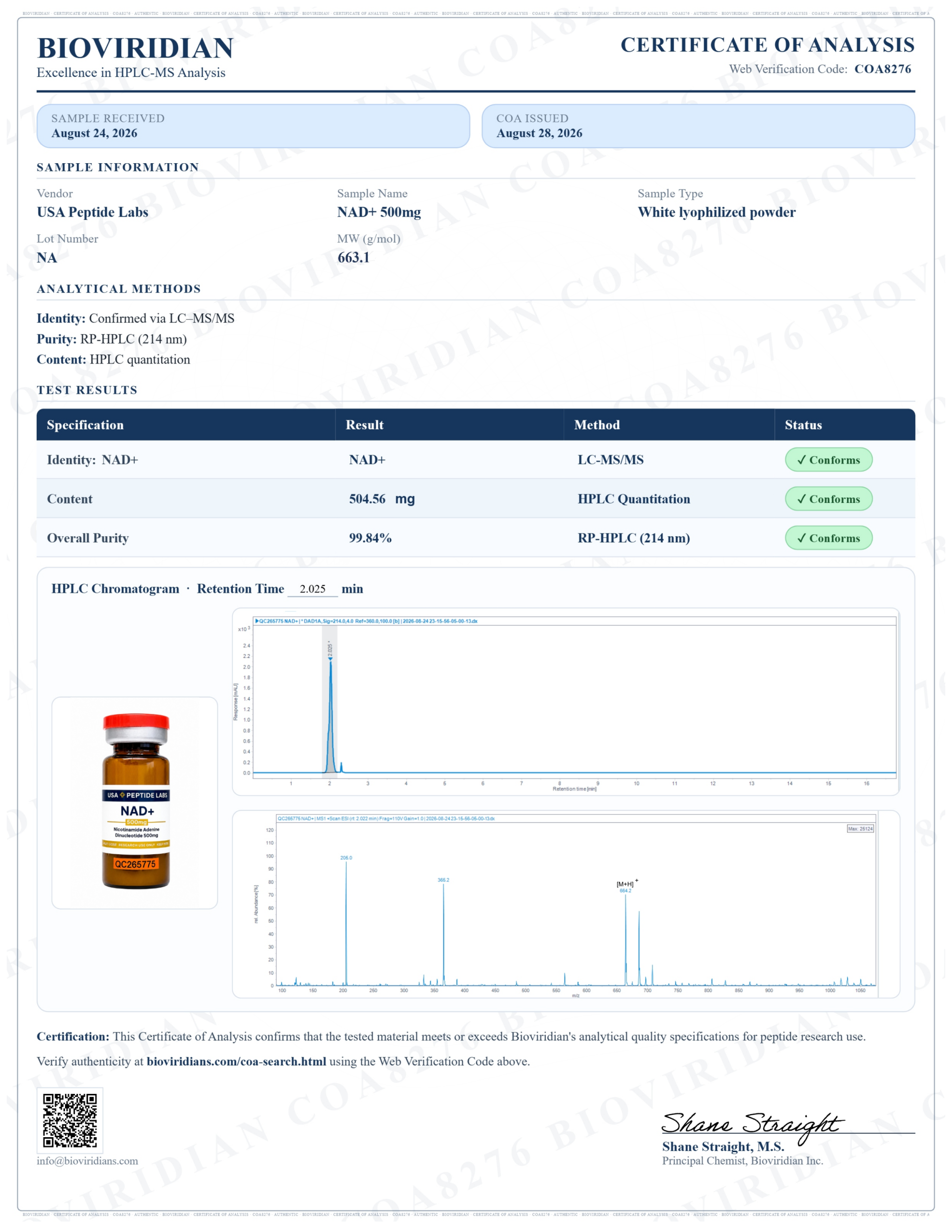Certificate of Analysis associated with NAD+ research material