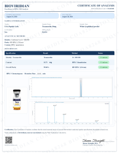 Certificate of Analysis associated with Tesamorelin research material