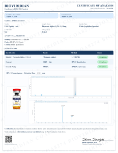 Certificate of Analysis associated with Thymosin Alpha-1 research material