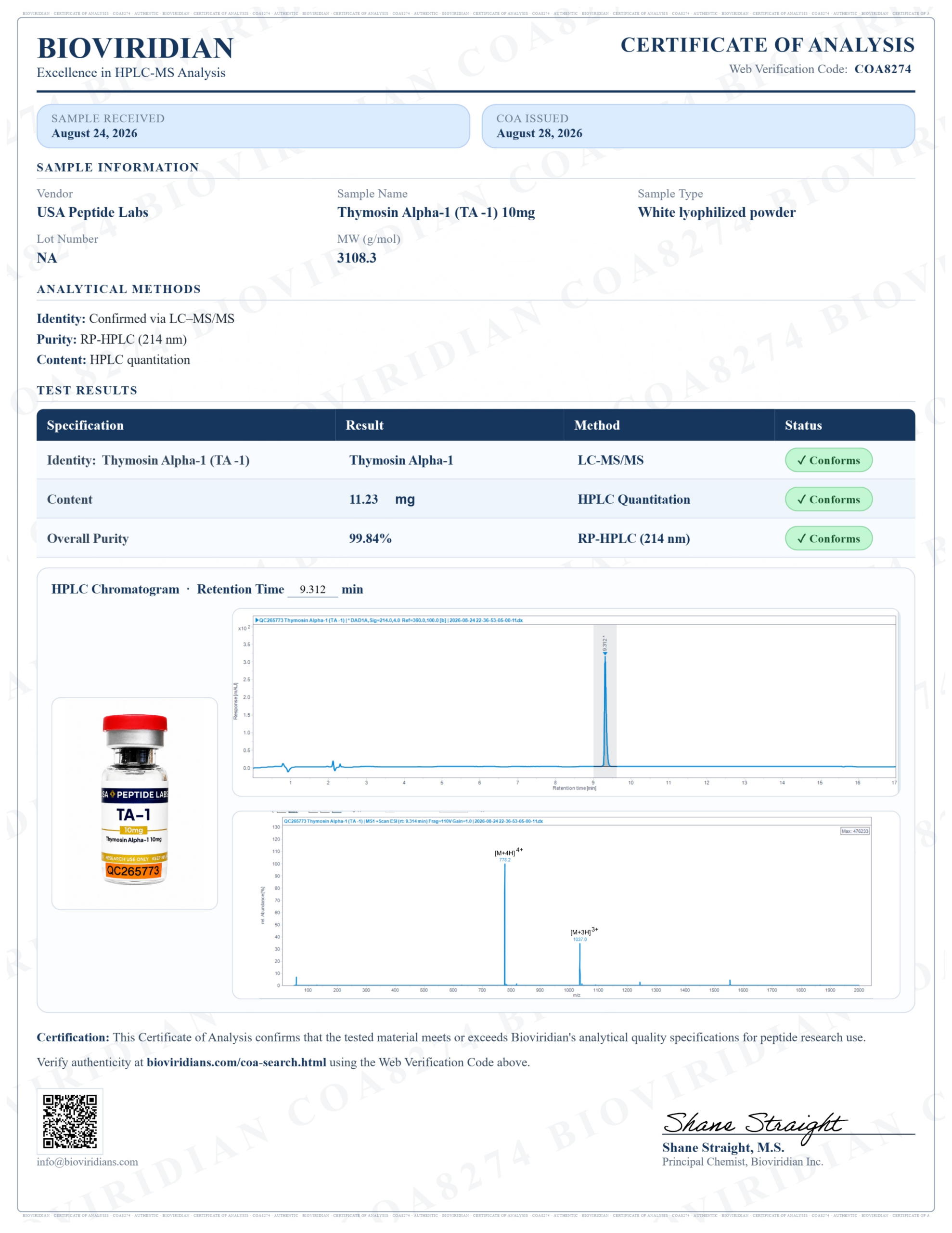 Certificate of Analysis associated with Thymosin Alpha-1 research material