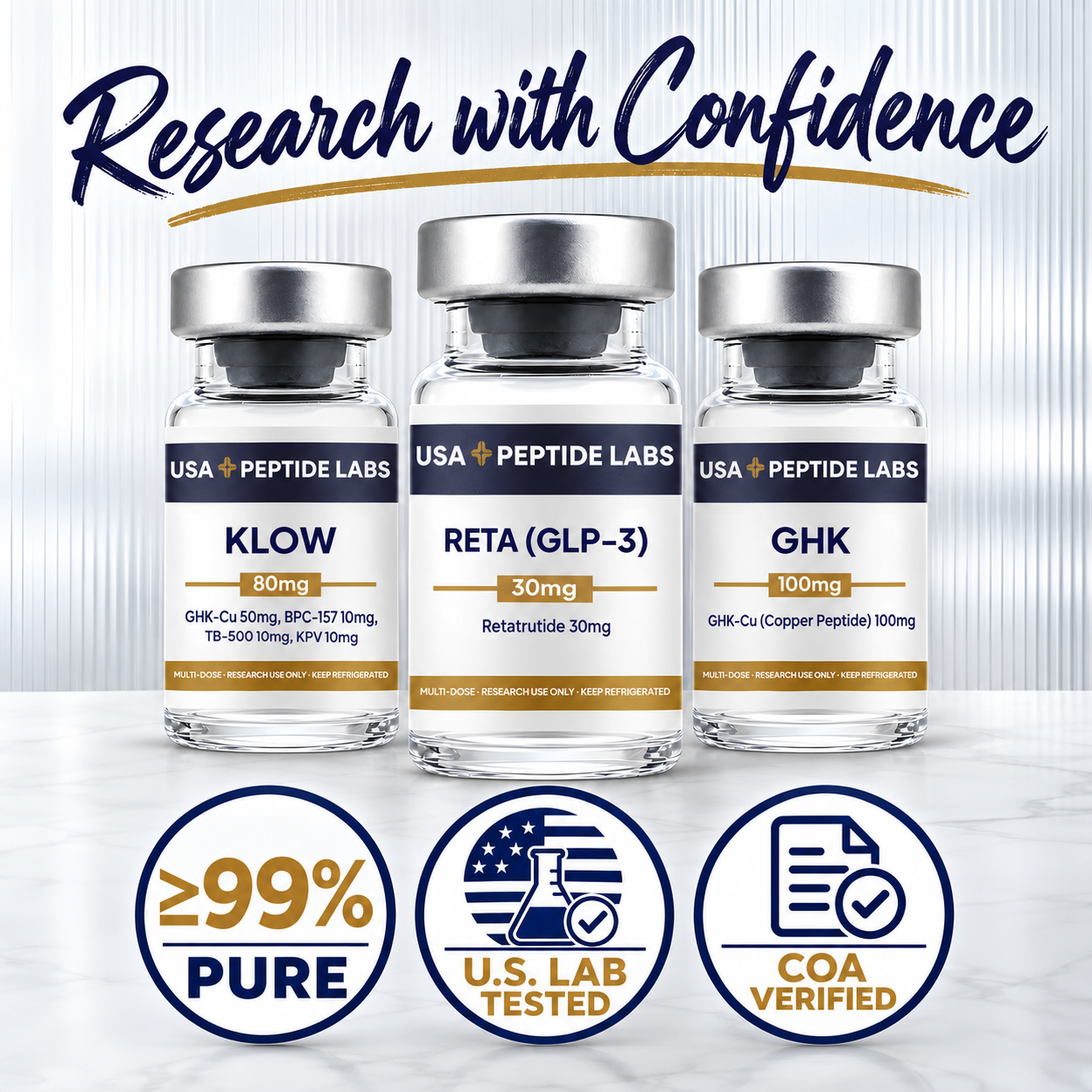 USA Peptide Labs research bottles with branded purity, U.S. lab tested, and COA verified badges