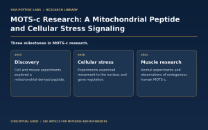 Timeline of MOTS-c research on mitochondrial signaling, cellular stress and exercise-associated observations.
