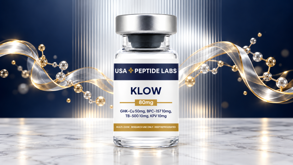 USA Peptide Labs KLOW 80mg vial on a marble surface with abstract gold peptide ribbons against a navy and silver background.