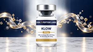 USA Peptide Labs KLOW 80mg vial on a marble surface with abstract gold peptide ribbons against a navy and silver background.