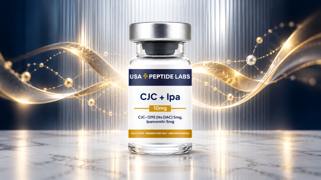 USA Peptide Labs CJC + Ipamorelin 10mg vial surrounded by abstract gold ribbons and molecular motifs on a navy and silver background.