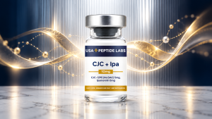 USA Peptide Labs CJC + Ipamorelin 10mg vial surrounded by abstract gold ribbons and molecular motifs on a navy and silver background.