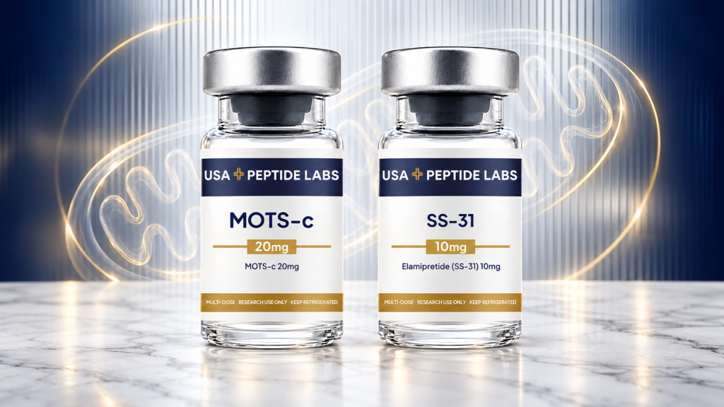 USA Peptide Labs MOTS-C 20mg and SS-31 10mg vials with conceptual gold mitochondrial outlines on a navy and silver background.