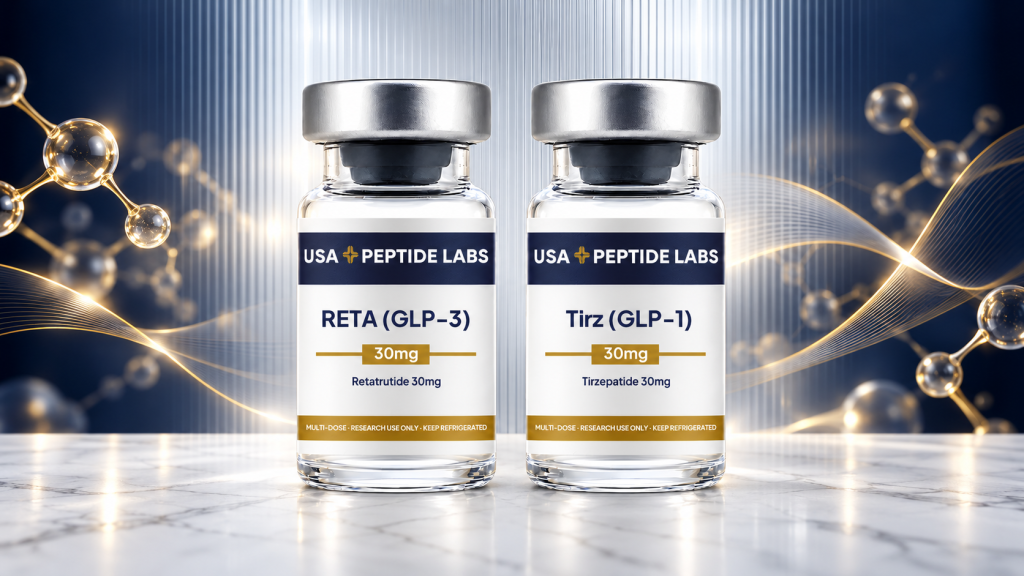 USA Peptide Labs Retatrutide 30mg and Tirzepatide 30mg vials on marble with abstract gold molecular motifs and navy and silver surroundings.